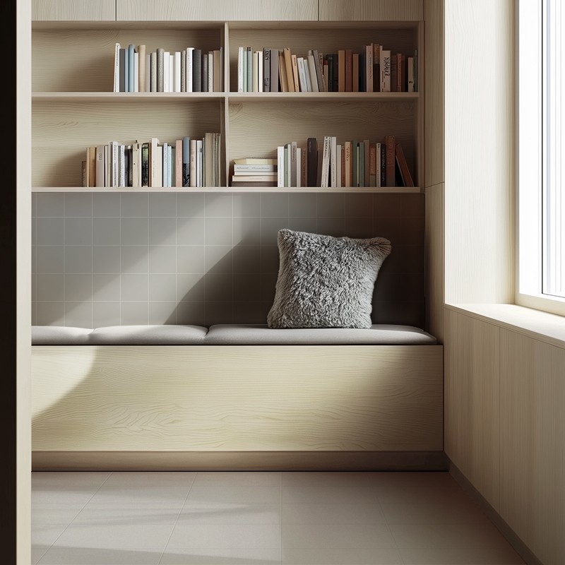 Graue quadratische Wandfliesen über eingebauter Holzbank mit grauem Kissen; helle Holzregale mit Büchern darüber, großes Fenster rechts, Sonneneinstrahlung auf Boden.