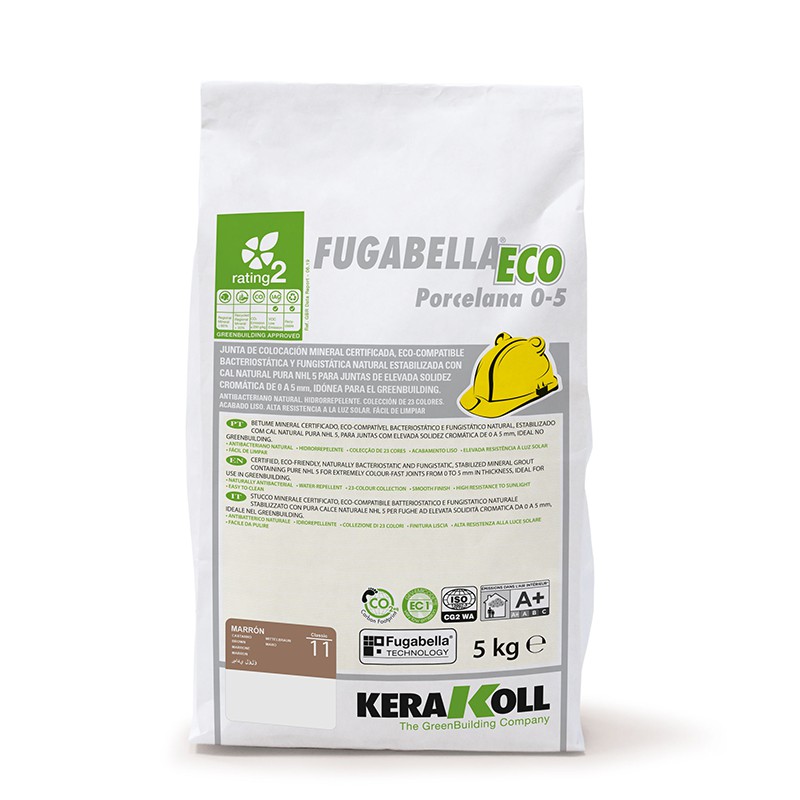 Um saco branco com a etiqueta `FUGABELLA ECO Porcelana 0-5` com texto verde, ícone de capacete de segurança, contém 5 kg. Marca: