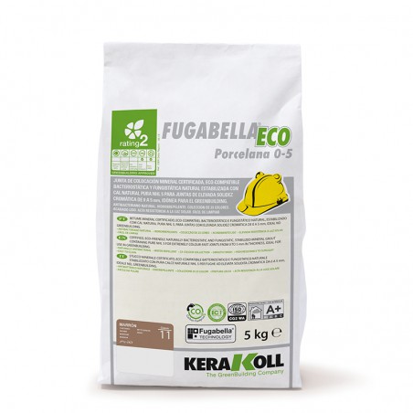 Um saco branco com a etiqueta `FUGABELLA ECO Porcelana 0-5` com texto verde, ícone de capacete de segurança, contém 5 kg. Marca: