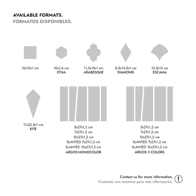 Tegelstalen (verschillende vormen: vierkant, huisvormig, arabesque, diamant, schub, kite, smalle rechthoeken) gepresenteerd op witte achtergrond met formaatlabels en contactinformatie.  Volledige tekst in het beeld: AVAILABLE FORMATS. FORMATOS DISPONIBLES