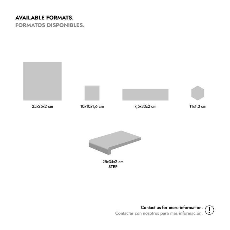 Verschiedene Fliesenformen (Quadrat, kleines Quadrat, Stab, Sechseck, Stufenplatte) auf weißem Hintergrund; Fokus auf Form- und Maßangaben.  Transkription des Texts im Bild: AVAILABLE FORMATS. FORMATOS DISPONIBLES.  25x25x2 cm 10x10x1,6 cm 7,5x30x2 cm 11x