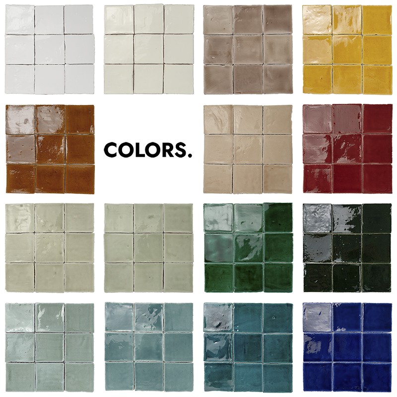 Geglazuurde vierkante tegels in 20 kleurstalen, gerangschikt in een raster op witte achtergrond; variërend van wit, beige en bruin tot groen, blauw en geel. Tekst: COLORS.