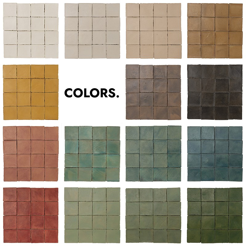 Carrelage carré focal — échantillons colorés disposés en grille régulière (beige, ocre, marron, rouge, vert, bleu), contexte : planche d'échantillons. Texte : "COLORS."