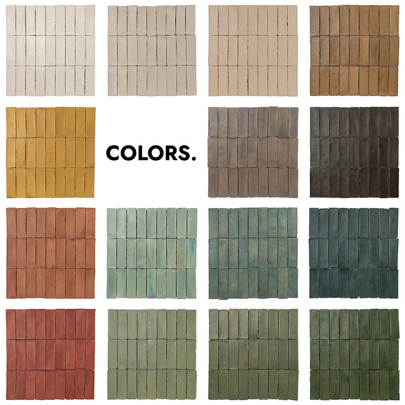 Azulejos rectangulares dispuestos en rejilla de muestras coloreadas; fondo blanco, palabra 'COLORS.' en negro sobre área central.  Texto: COLORS.