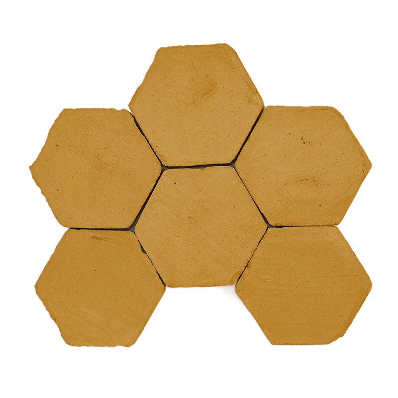 Azulejo hexagonal color terracota con superficie ligeramente rugosa y pequeñas manchas; colocado sobre fondo blanco neutro con iluminación uniforme.