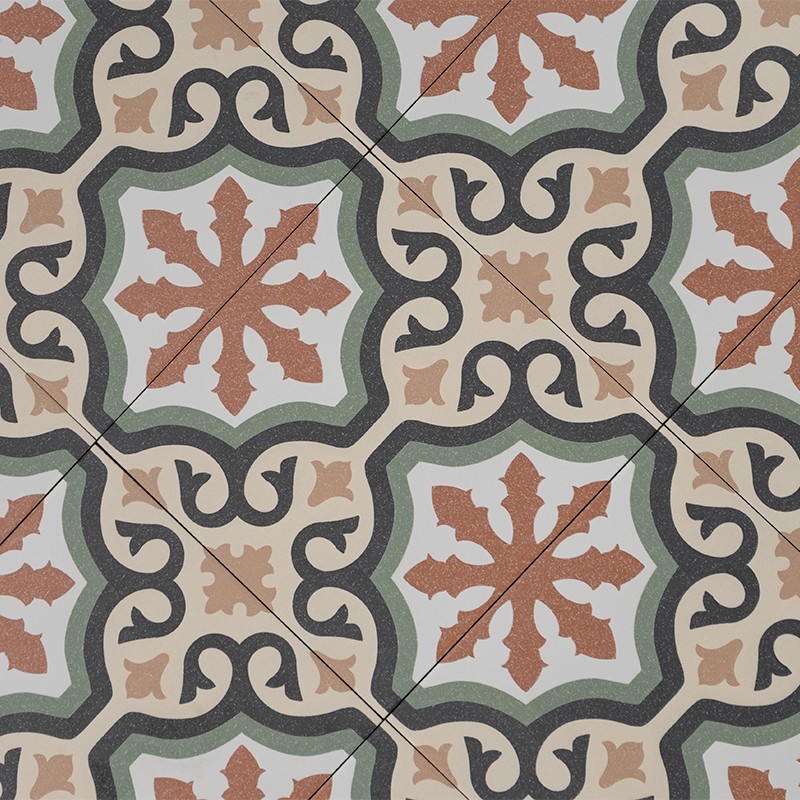 Carrelage au sol à motifs répétitifs: carrés à fleurs stylisées terracotta au centre, bordures vertes et beige, arabesques noires et joints formant diagonales.
