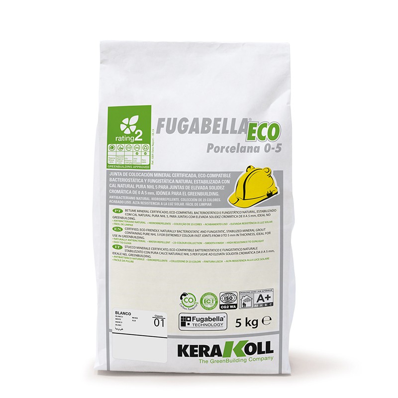 Um saco branco com a etiqueta `Fugabella Eco Porcelana 0-5` contém cimento-resina, com símbolos ecológicos, 5kg, marca Kerakoll.