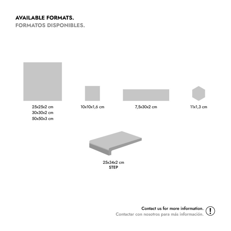 Carrelage — icônes de formats (grand carré, petit carré, rectangle long, hexagone, marche) alignées sur fond blanc avec dimensions et contact en bas.  Texte dans l'image (transcription) : AVAILABLE FORMATS. FORMATOS DISPONIBLES.  25x25x2 cm 30x30x2 cm 50x