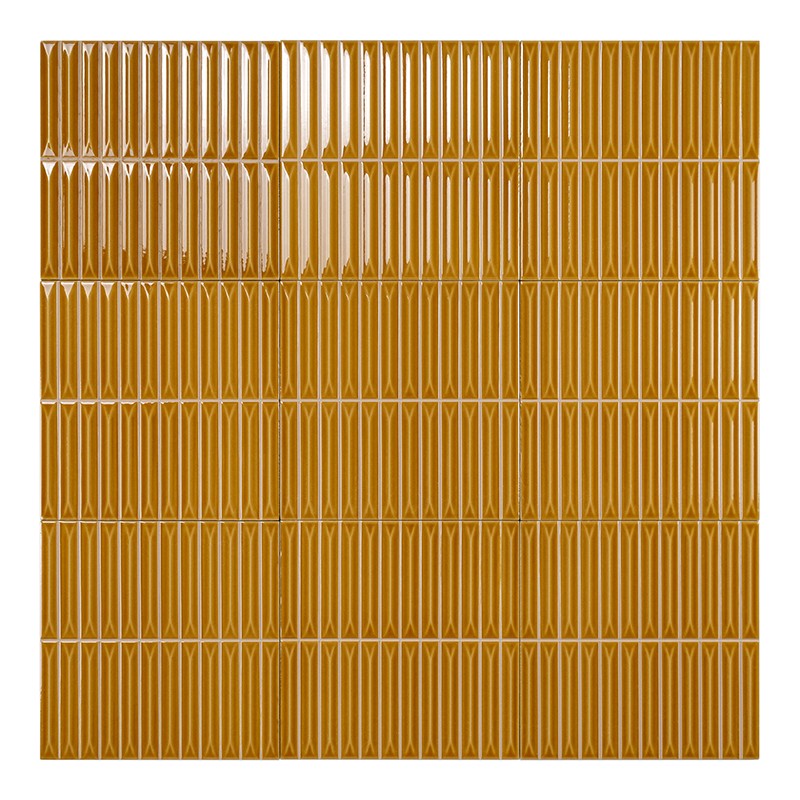 Glossy mustard-colored vertical rectangular ceramic tile with V-ribbed pattern; set of 24 pieces in a grid on a white background.