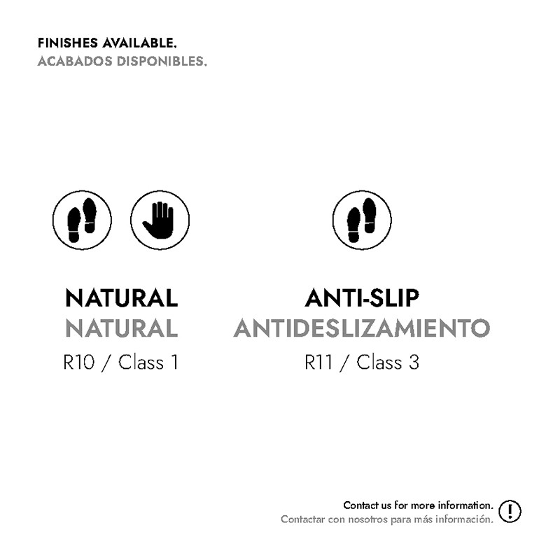 Azulejo informativo sobre acabamentos, mostrado em fundo branco com ícones de pegadas e mão, indicando opções "Natural" e "Anti-Slip" e classes R10/R11.  Transcrição do texto na imagem: FINISHES AVAILABLE. ACABADOS DISPONIBLES.  NATURAL NATURAL R10 / Clas