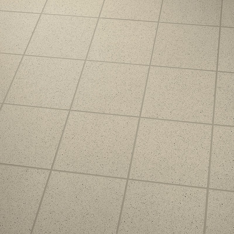 Baldosa cerámica cuadrada color crema con motas oscuras, dispuesta en cuadrícula con juntas finas; suelo interior uniforme y plano sin objetos alrededor.