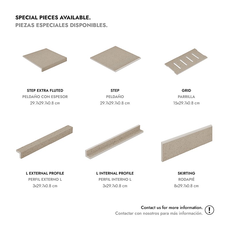 Azulejos y perfiles de tonos beige claros; seis piezas (peldaños, parrilla, perfiles y rodapié) dispuestas en dos filas sobre fondo blanco, con leyendas y medidas.  SPECIAL PIECES AVAILABLE. PIEZAS ESPECIALES DISPONIBLES.  STEP EXTRA FLUTED PELDAÑO CON ES