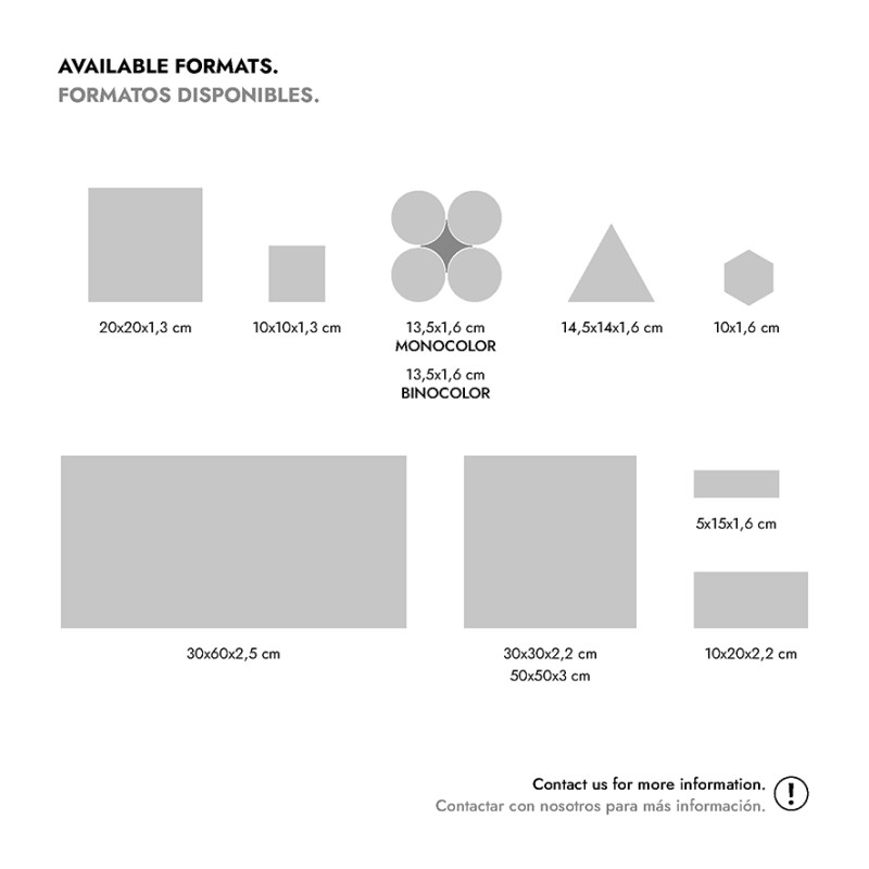 Tegeldiagram met pictogrammen van vormen en maatlabels; witte achtergrond, contactinformatie onderaan.  AVAILABLE FORMATS. FORMATOS DISPONIBLES.  20x20x1,3 cm 10x10x1,3 cm 13,5x1,6 cm MONOCOLOR 13,5x1,6 cm BICOLOR 14,5x14x1,5 cm 10x1,6 cm  30x60x2,5 cm 30