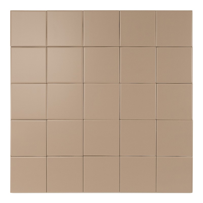 Panel of 36 square beige tiles, arranged in a 6x6 grid; thin joints, matte finish and smooth surface, with a small frame bordering the set.