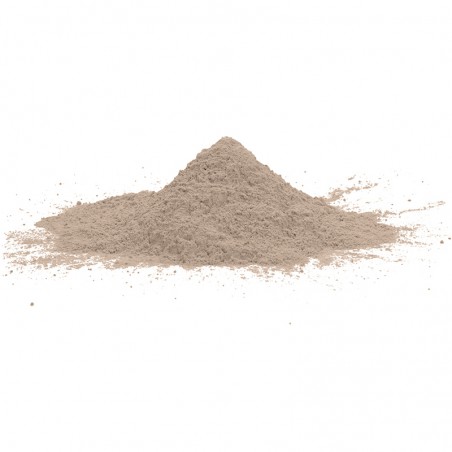 Um pequeno monte de pó fino bege repousa sobre um fundo branco, uniformemente disperso na base. Um pequeno monte de pó fino bege repousa sobre um fundo branco, uniformemente disperso na base.