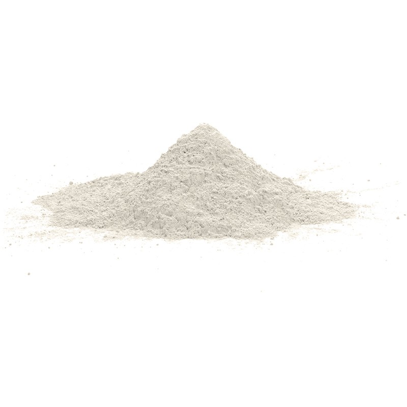 Un montículo de polvo fino y blanco descansa sobre una superficie lisa y neutra, lo que sugiere potencial para mezclar o aplicar