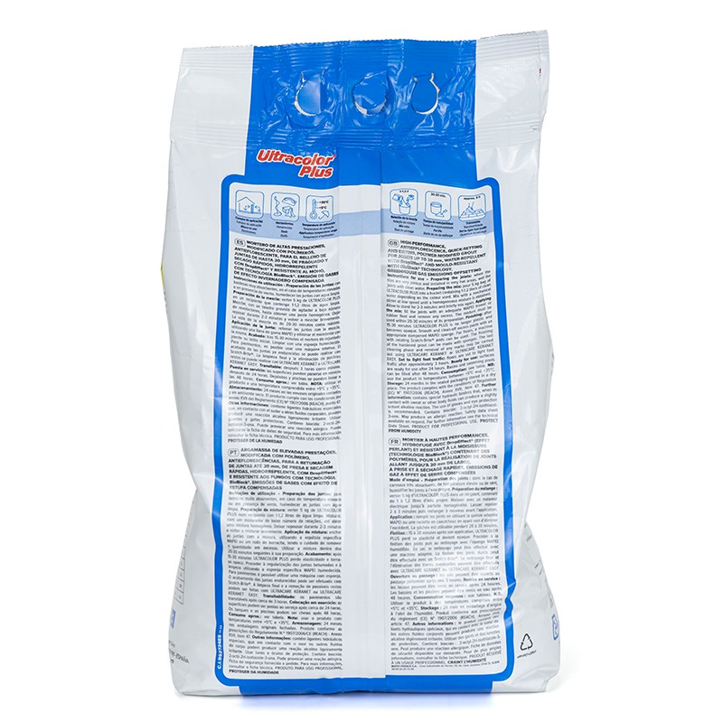 A white and blue bag labeled `Ultracolor Plus` displays detailed instructions and diagrams for cement use, surrounded by text.