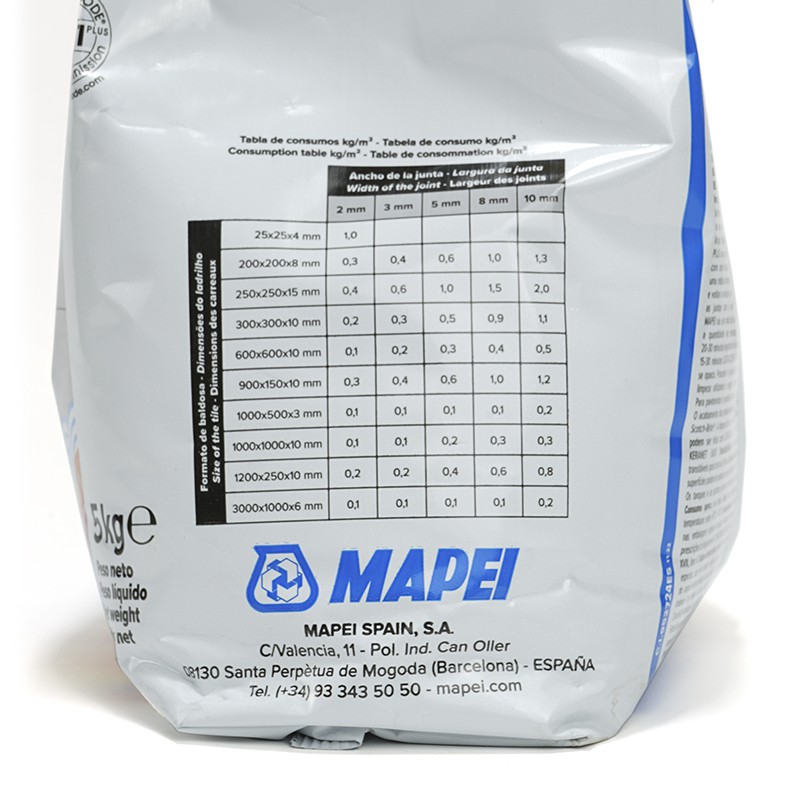 Silver bag displays a consumption table for resin-cement with `Mapei` branding. Contains product weight and Spanish company deta