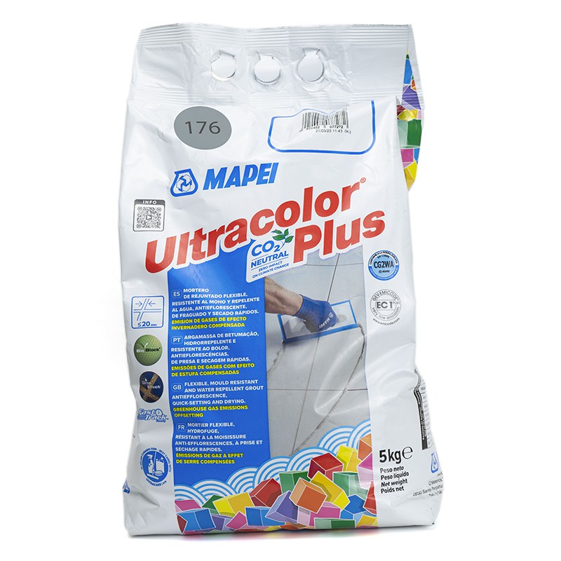A white bag labeled `MAPEI Ultracolor Plus` with colorful designs. displays features, instructions, and a tile grout application