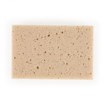 Ein rechteckiger beiger Schwamm, der mit kleinen Löchern bedeckt ist, liegt flach auf einem schlichten weißen Hintergrund.