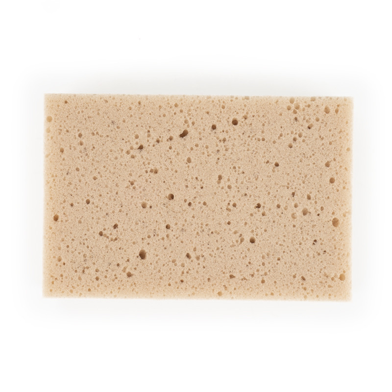 Une éponge beige rectangulaire, recouverte de petits trous, repose à plat sur un fond blanc uni.