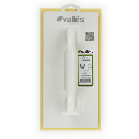 Eine weiße Kelle mit Kunststoffgriff ist auf einem gelben Schwamm montiert, verpackt mit Branding. Der Text enthält: „vallés“, „