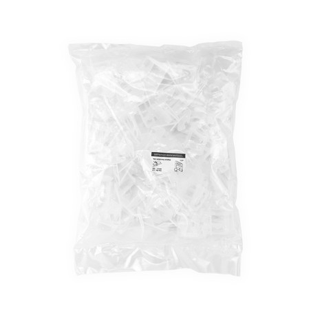 Een verzegelde, transparante plastic zak met daarin meerdere kleine witte clips, gelabeld met: “Tile Leveling System”, recycling