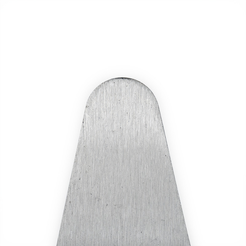 A metallic, rounded object stands vertically against a plain white background, showing a brushed texture. No text is present.
