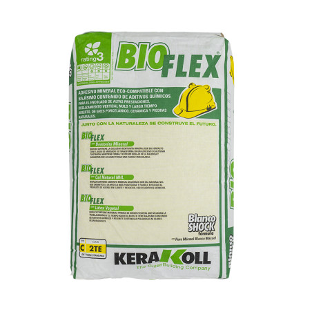 Saco de adesivo Kerakoll BioFlex em posição vertical, com marca verde e amarela. Texto: `Adesivo Mineral Eco-Compatível com baix Saco de adesivo Kerakoll BioFlex em posição vertical, com marca verde e amarela. Texto: `Adesivo Mineral Eco-Compatível com baix