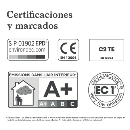 A imagem exibe vários logotipos e marcações de certificação. O texto diz: `Certificaciones y marcados,` `SP-01902 EPD environdec A imagem exibe vários logotipos e marcações de certificação. O texto diz: `Certificaciones y marcados,` `SP-01902 EPD environdec