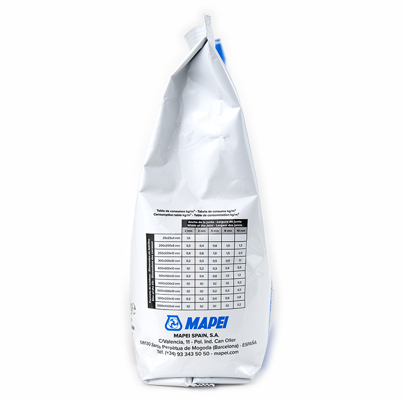 White bag stands upright on a white background displaying a table with various measurements and `MAPEI` logo. Text includes: `MA