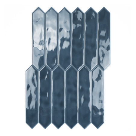 El azulejo consta de hexágonos alargados de color azul oscuro, brillantes y apilados verticalmente, dispuestos en un patrón esca El azulejo consta de hexágonos alargados de color azul oscuro, brillantes y apilados verticalmente, dispuestos en un patrón esca