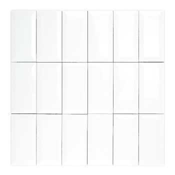 A glossy, rectangular white tile with beveled edges rests on a plain white background, reflecting soft ambient light.