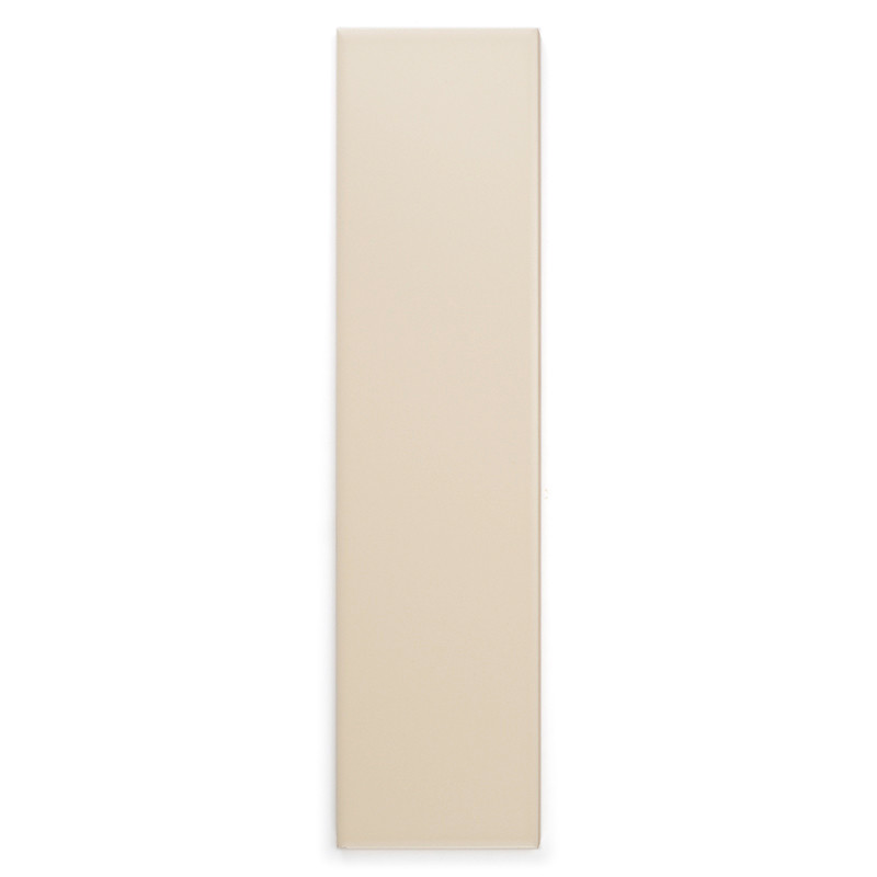 A rectangular, beige tile stands vertically against a plain white background, highlighting its smooth surface and uniform color.