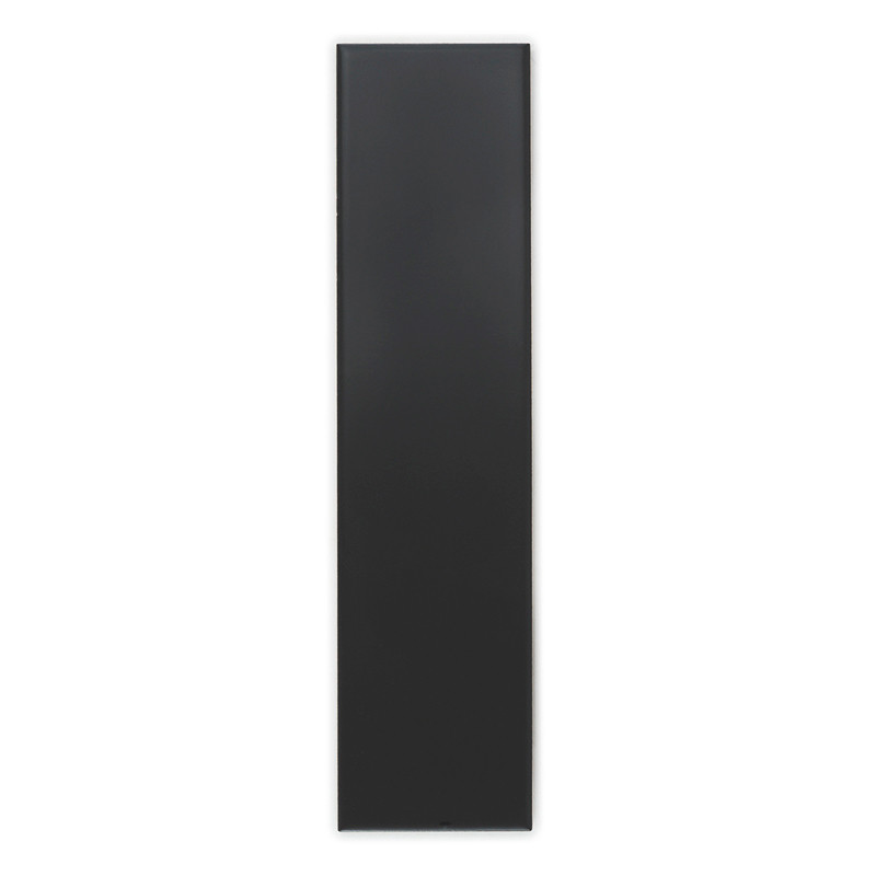 A long, narrow, matte black rectangular tile stands upright against a plain white background, featuring clean, sharp edges and n