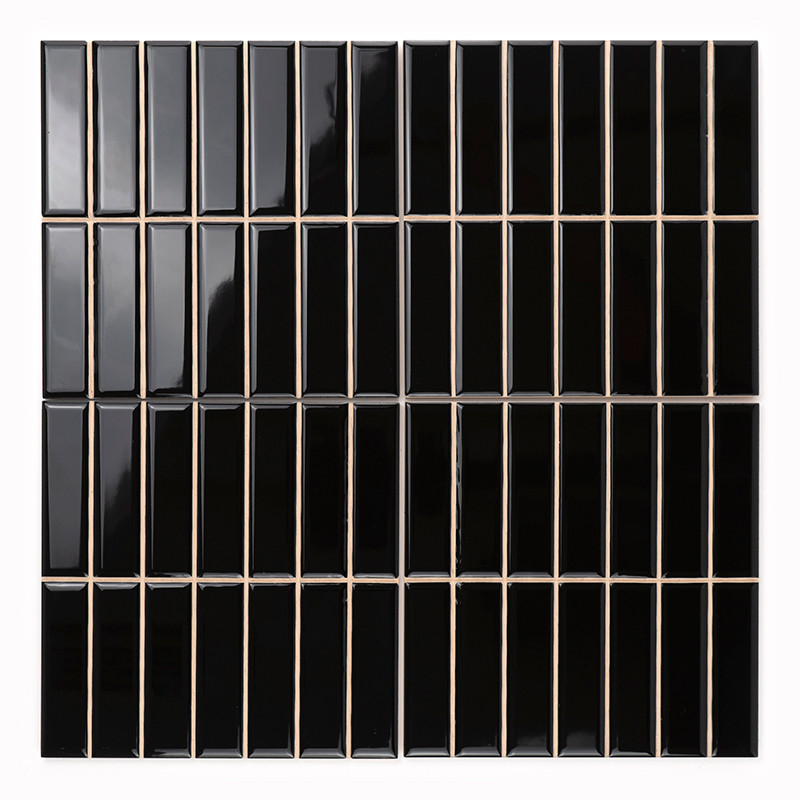 Rectangular black ceramic tiles are arranged in a 4x4 grid, reflecting light in a pattern. The background is white.