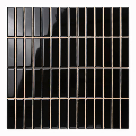 Rectangular black tiles with glossy surfaces, aligned in a grid pattern against a white background, creating a reflective, moder