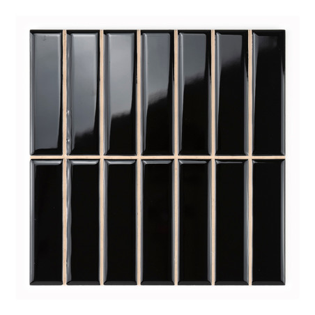 Rectangular black ceramic tiles are arranged in a 4x4 grid, reflecting light in a pattern. The background is white.