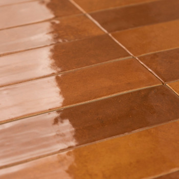 Rechteckige braune Fliesen liegen nebeneinander und reflektieren das Licht auf einer glänzenden Oberfläche. Sie sind in horizont