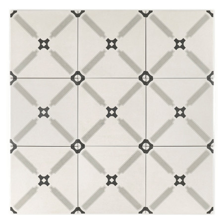 Ein symmetrisches Muster zeigt graue und dunkelgraue geometrische Formen, die ineinandergreifende Rauten und Kreuze auf einem we