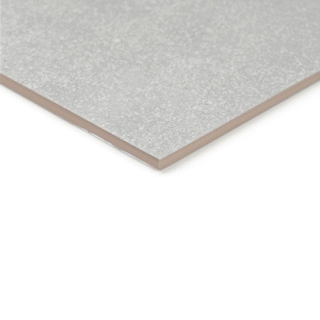Eine Nahaufnahme zeigt eine rechteckige, graue Keramikfliese mit mattem Finish, die auf einer flachen weißen Oberfläche ruht.
