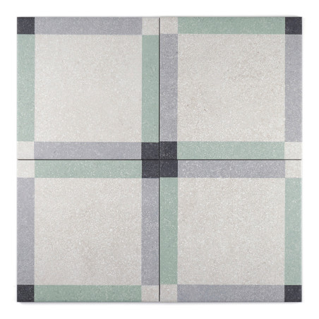 Um ladrilho quadrado com fundo creme apresenta linhas que se cruzam em verde claro e cinza, formando um padrão de grade, criando