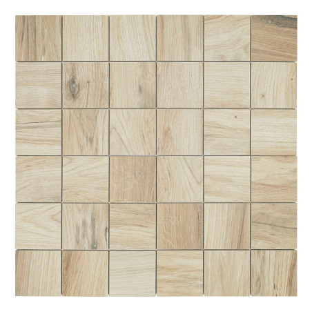 Quadratische Fliesen zeigen ein natürliches Holzmaserungsmuster, angeordnet in einem 6x6-Raster. Die Farbtöne jeder Fliese varii