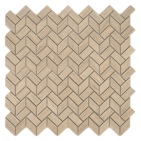 Sechseckige Holzfliesen bilden ineinandergreifende Chevronmuster, die eine Illusion von Tiefe erzeugen. Die helle Holzoberfläche