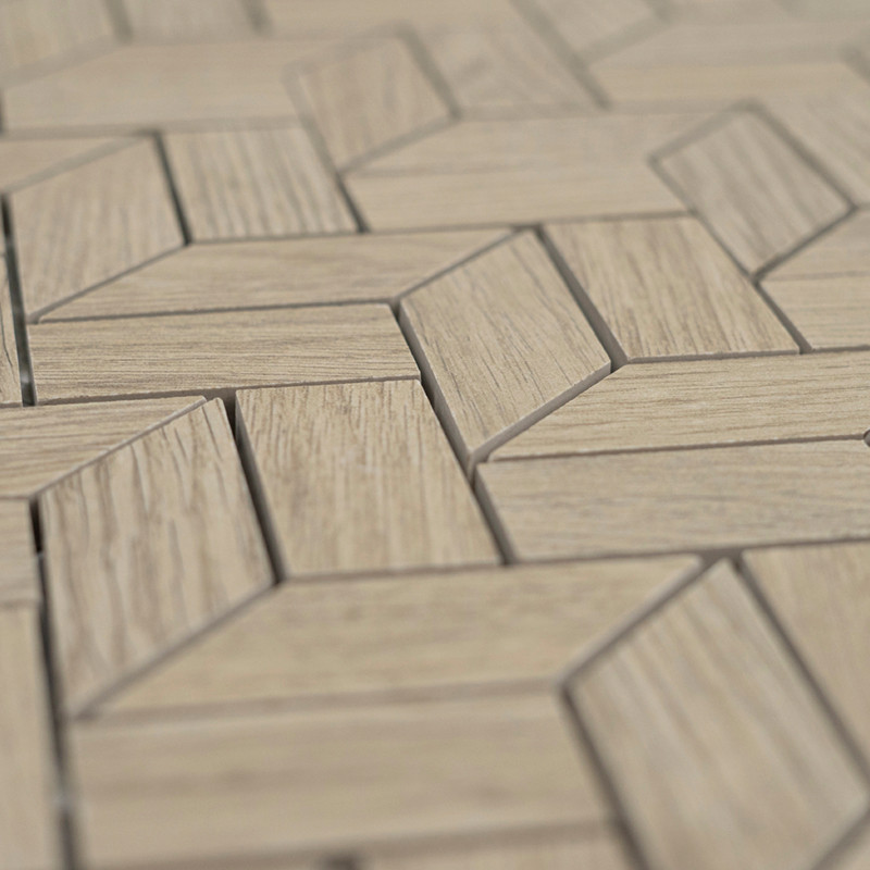 Os ladrilhos com textura de madeira formam um padrão geométrico interligado, criando um design de piso visualmente dinâmico e te