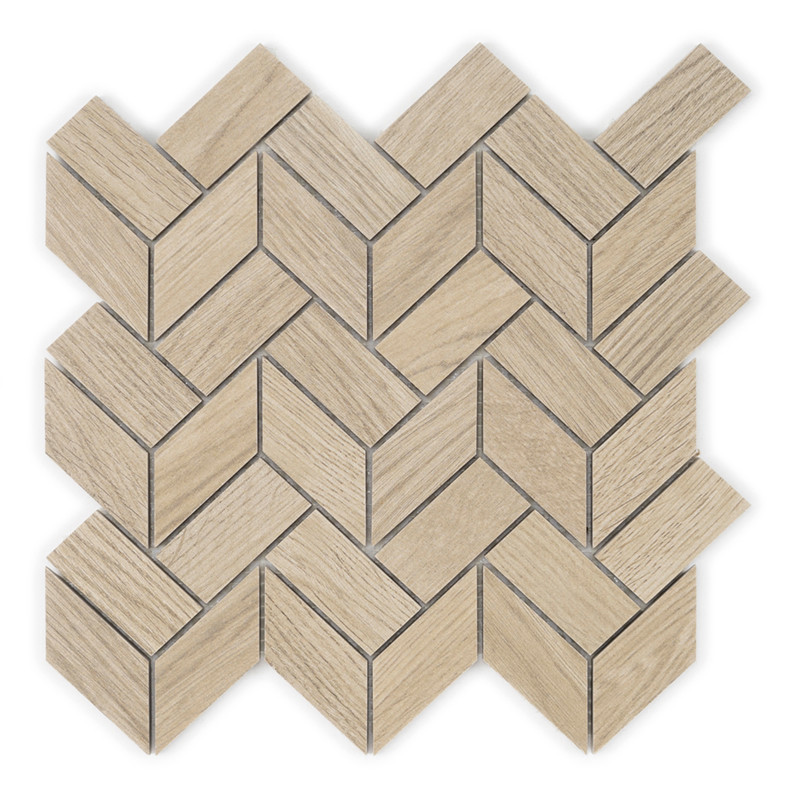 Ladrilhos com padrão de madeira formam um padrão de espinha de peixe, criando um efeito visual tecido. Os azulejos apresentam to