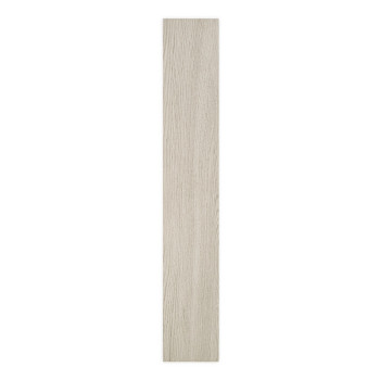 Una losa rectangular, larga y estrecha, presenta un patrón de vetas de madera clara. descansa verticalmente sobre un fondo blanc