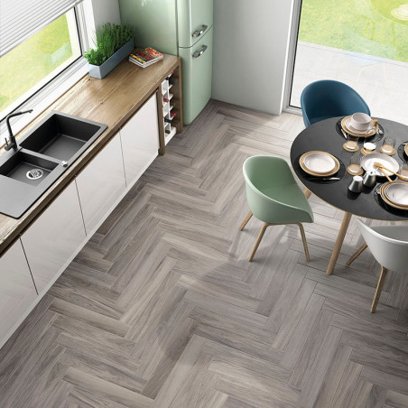 azulejos de madera en forma de espiga cubren el piso de una cocina moderna, rodeada por un gabinete blanco, un fregadero y una m azulejos de madera en forma de espiga cubren el piso de una cocina moderna, rodeada por un gabinete blanco, un fregadero y una m