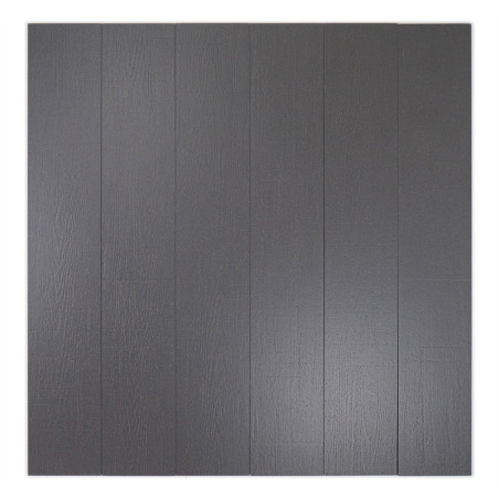 Gray tile consists of six vertical panels, mimicking wood grain texture, laid side by side, presenting a sleek, modern surface.