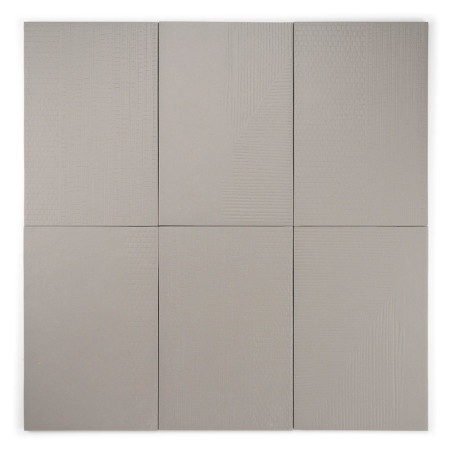 Zes rechthoekige grijze tegels zijn in twee rijen gerangschikt. Elke tegel heeft subtiele lineaire patronen, waardoor een gestru